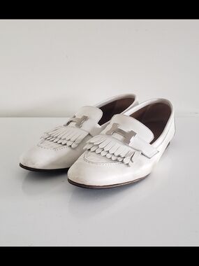 Hermes Royal White Leather Fringe Loafers with Signature H Buckle  Accent